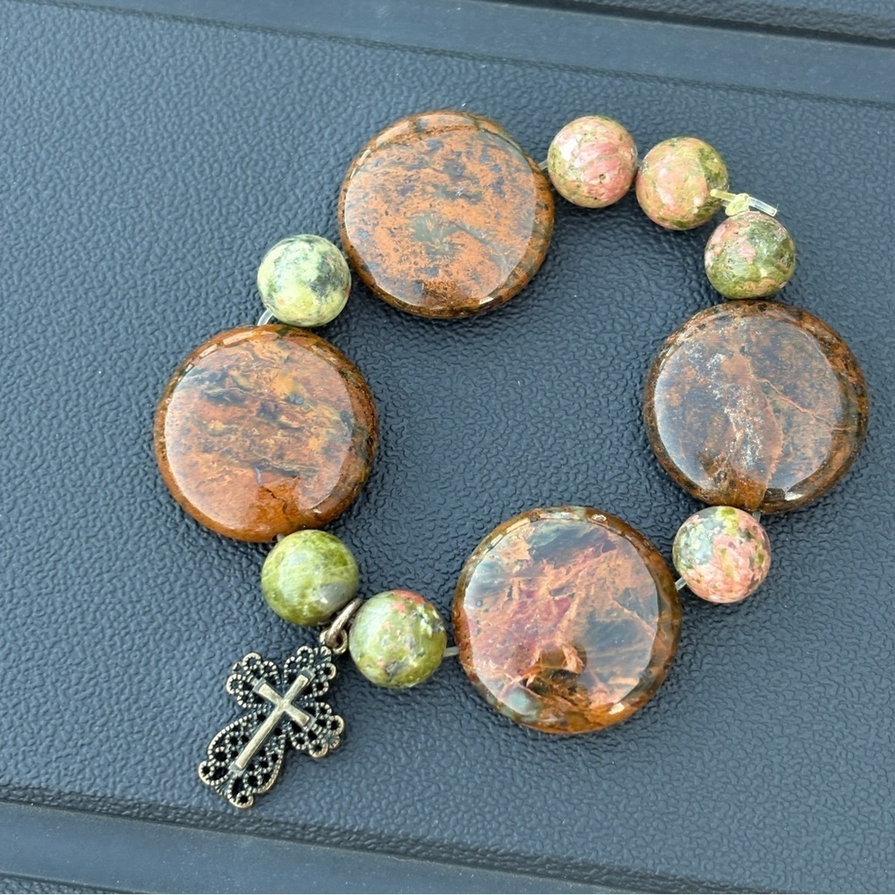 Polished Stone Cross Stretch Bracelet Christian Bohemian Natural Christ
